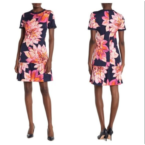 Trina Turk Dress Womens 10 Blue Floral Drop Waist Resort Embellished - Picture 2 of 13